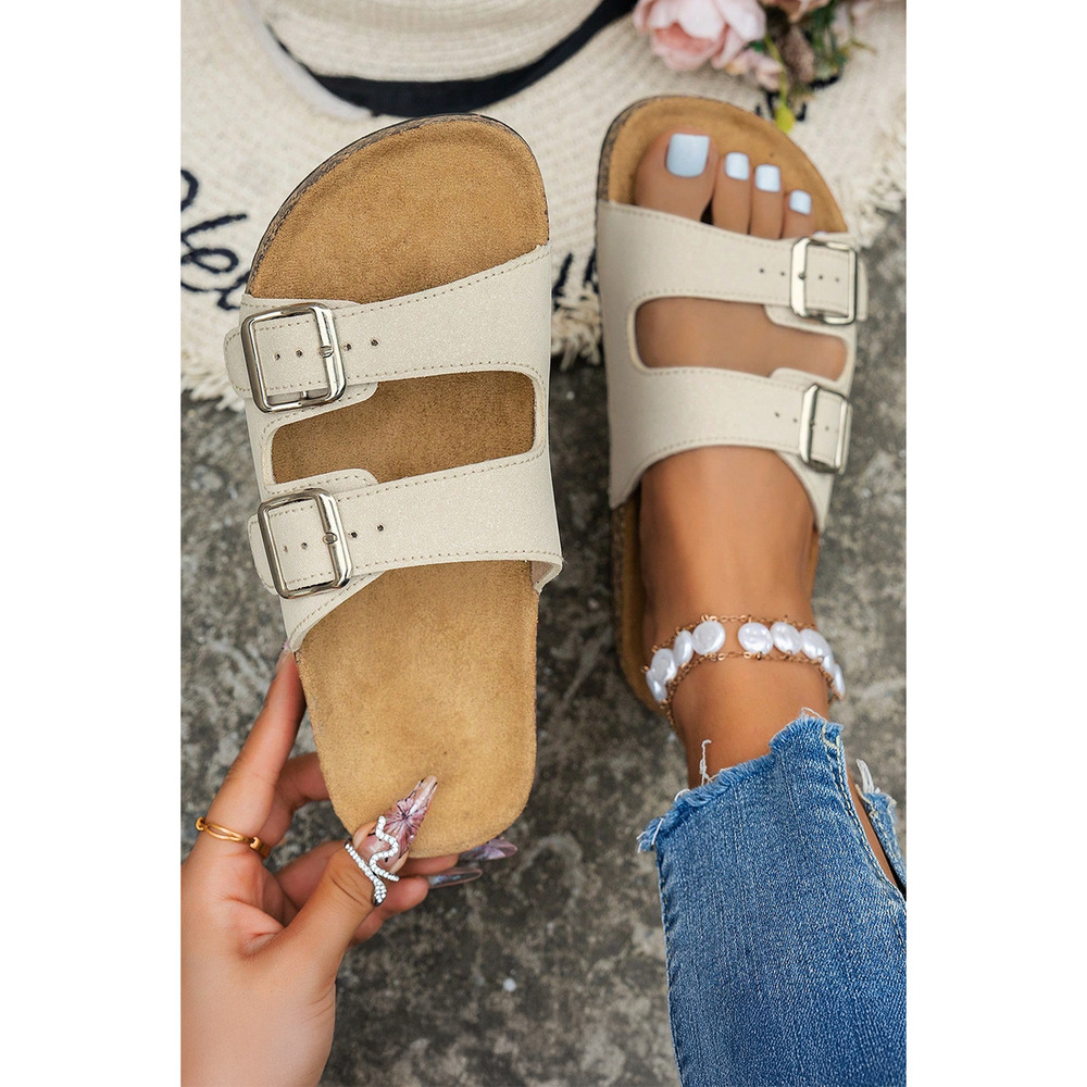 Solid Print Cut Out Buckle PU Leather Flat Sandals-Size 9.5